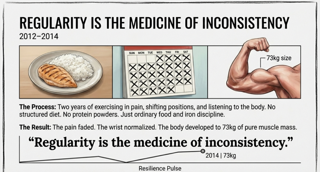 Visual showing simple meals, a crossed workout calendar, and a flexed arm representing two years of consistent training without supplements leading to a 73 kg physique.