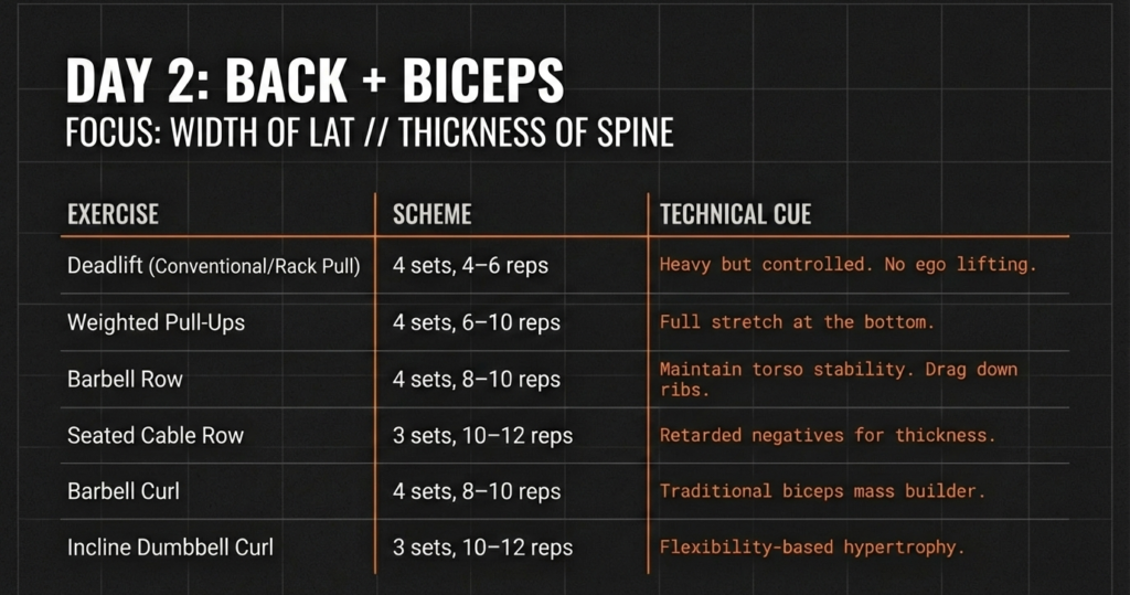 Day 2 back and biceps workout routine featuring deadlifts, pull-ups, rows, and biceps curls