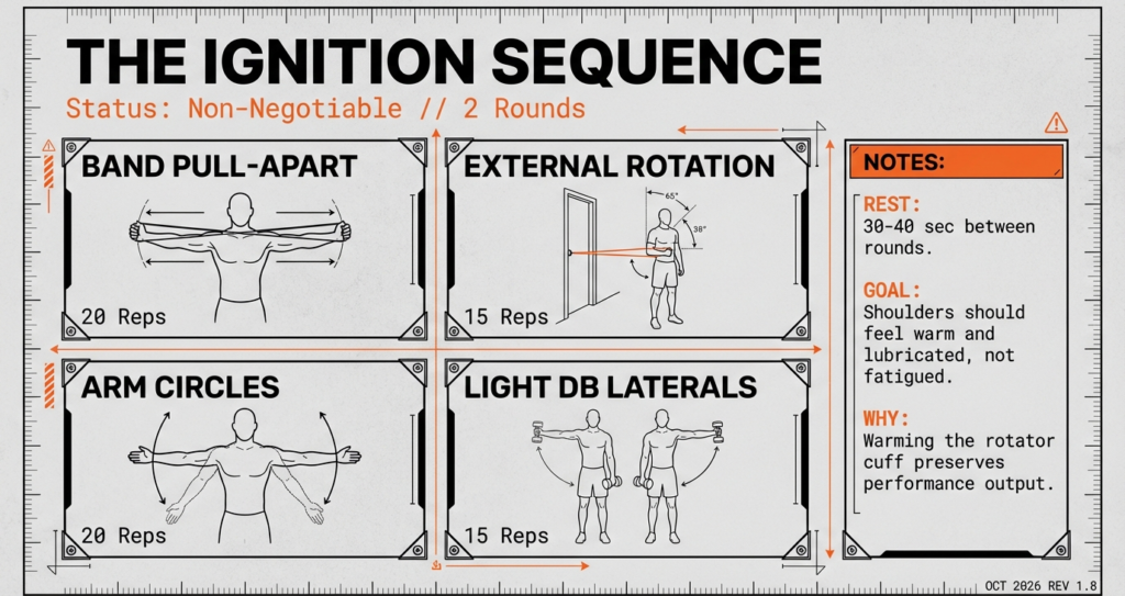 Shoulder warm-up routine showing band pull-aparts, external rotations, arm circles, and light dumbbell lateral raises