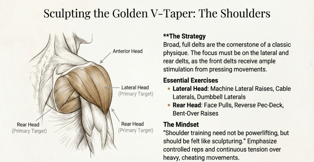shoulder anatomy diagram highlighting lateral and rear delts for classic physique aesthetics