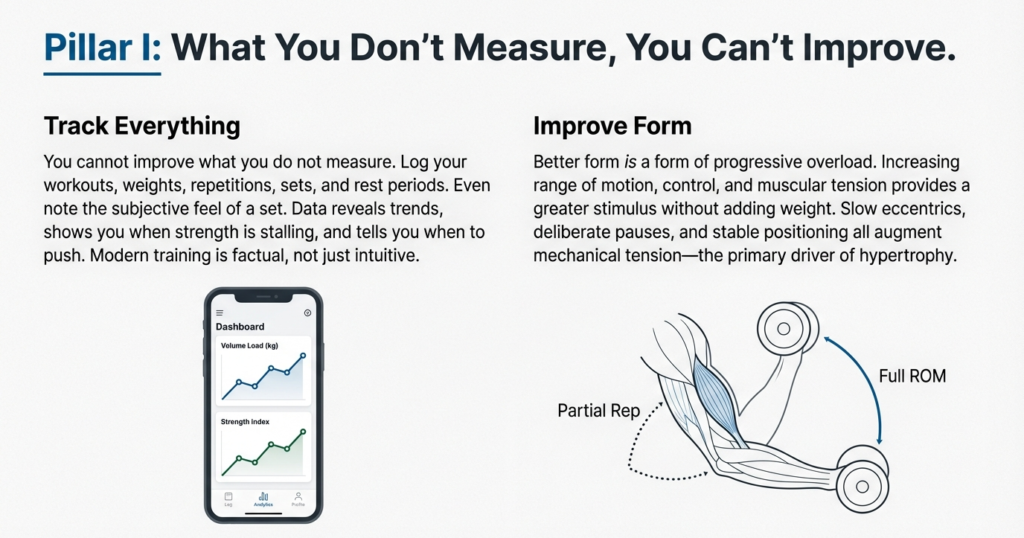Workout tracking dashboard and exercise form illustration showing data-driven progressive overload and full range of motion