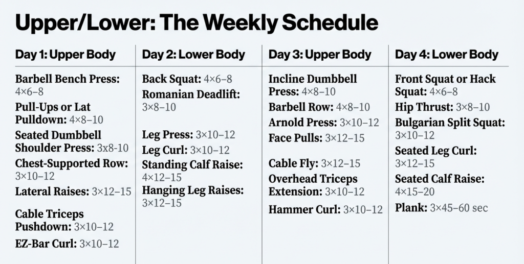 Upper and lower body split workout plan showing four-day weekly schedule with exercises for hypertrophy and recovery
