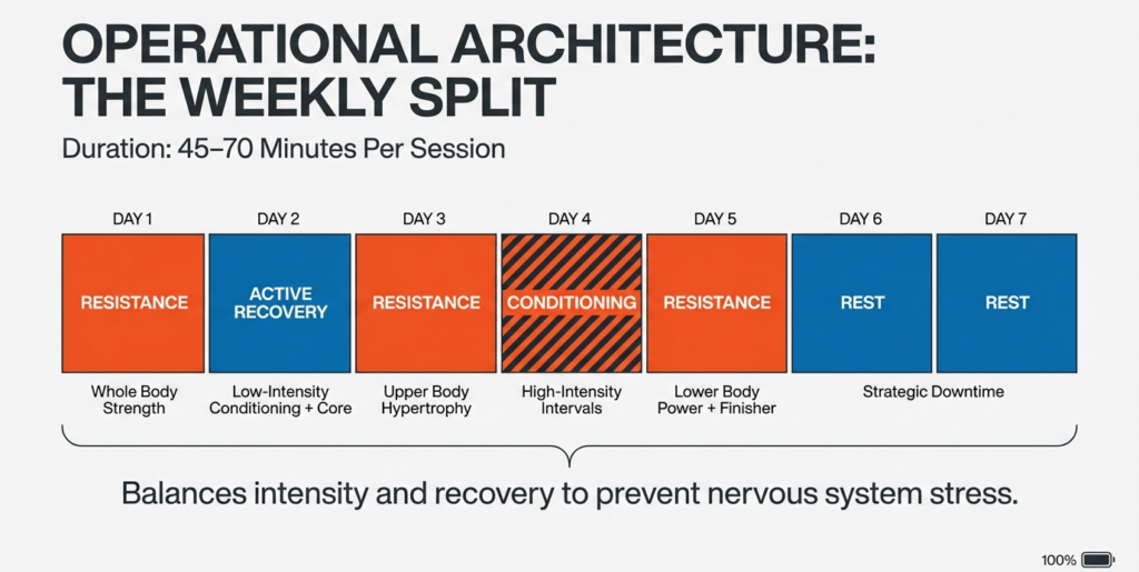 Weekly workout split showing resistance training, active recovery, hypertrophy, conditioning, lower body power, and rest days for balanced fat loss.