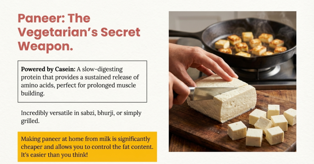 Fresh paneer being cut and cooked for high-protein vegetarian muscle diet