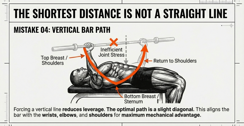 Bench press bar path diagram comparing inefficient vertical bar path versus optimal diagonal path from lower chest to shoulders.
