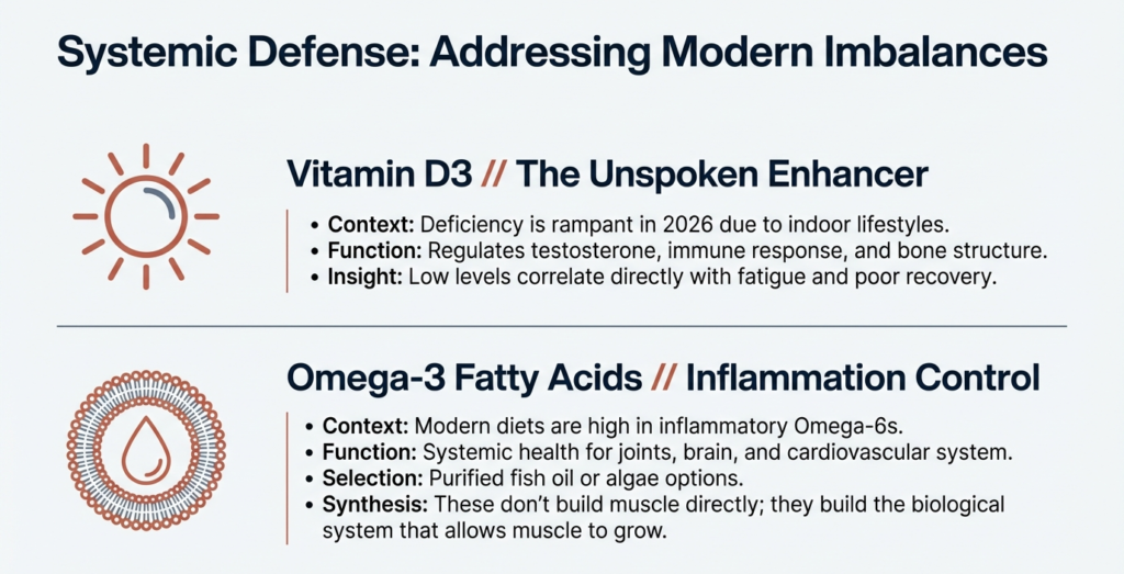Vitamin D3 and omega-3 infographic highlighting immune, hormonal, and inflammation control