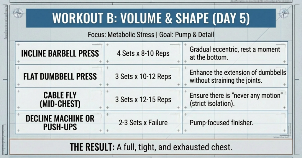 Volume chest workout infographic featuring incline barbell press, dumbbell press, cable flys, and pump finishers.