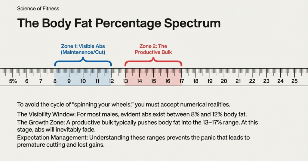 Body fat percentage spectrum infographic showing visible abs at 8–12% body fat and productive bulking range between 13–17% for natural lifters