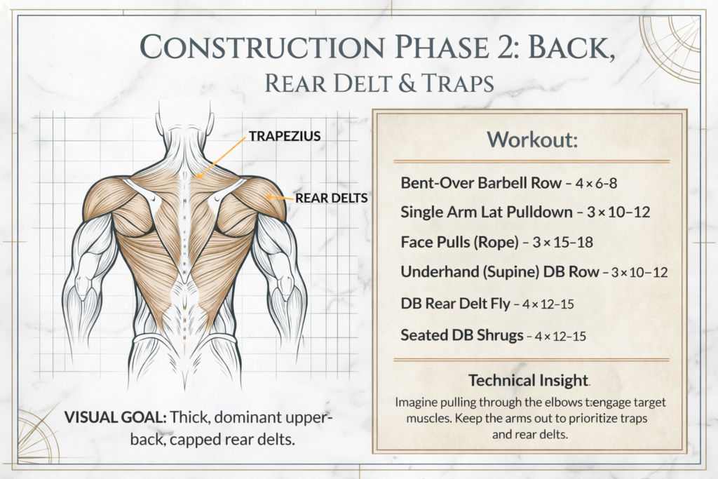 Greek God Physique back workout infographic focusing on back thickness, rear delts, and trapezius muscles with rows, pulldowns, rear delt flys, and shrugs.