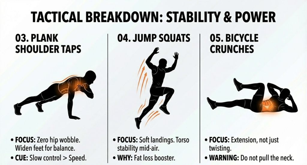 Core and cardio exercises including plank shoulder taps, jump squats, and bicycle crunches