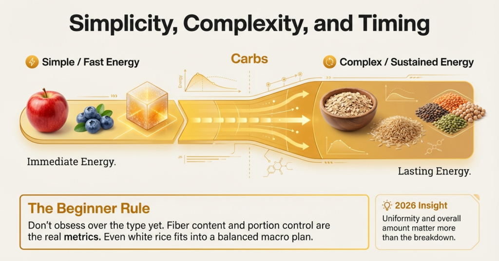 Visual comparison of simple and complex carbs showing fast and sustained energy sources