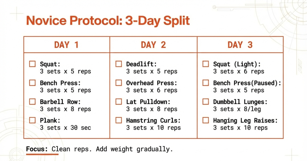 Three-day beginner powerlifting workout plan including squat, bench press, deadlift, rows, lunges, and core exercises.