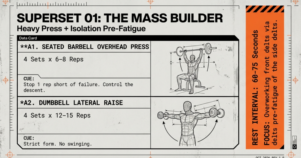 Advanced shoulder superset combining seated barbell overhead press with dumbbell lateral raises for mass and pre-fatigue