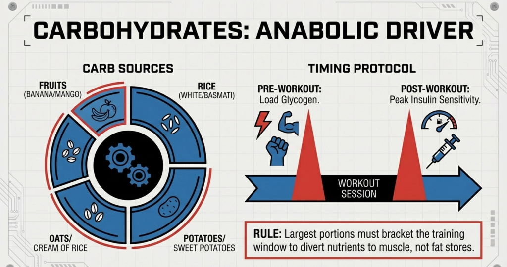 Infographic showing carbohydrate sources and timing protocol before and after workouts to maximize muscle glycogen and insulin sensitivity