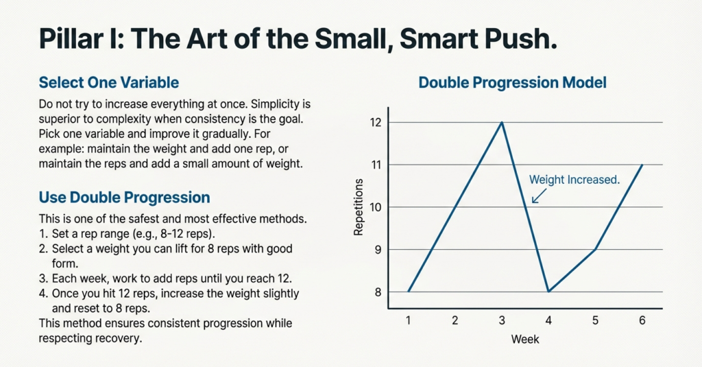 Double progression graph showing reps increasing over weeks before weight is added and reps reset