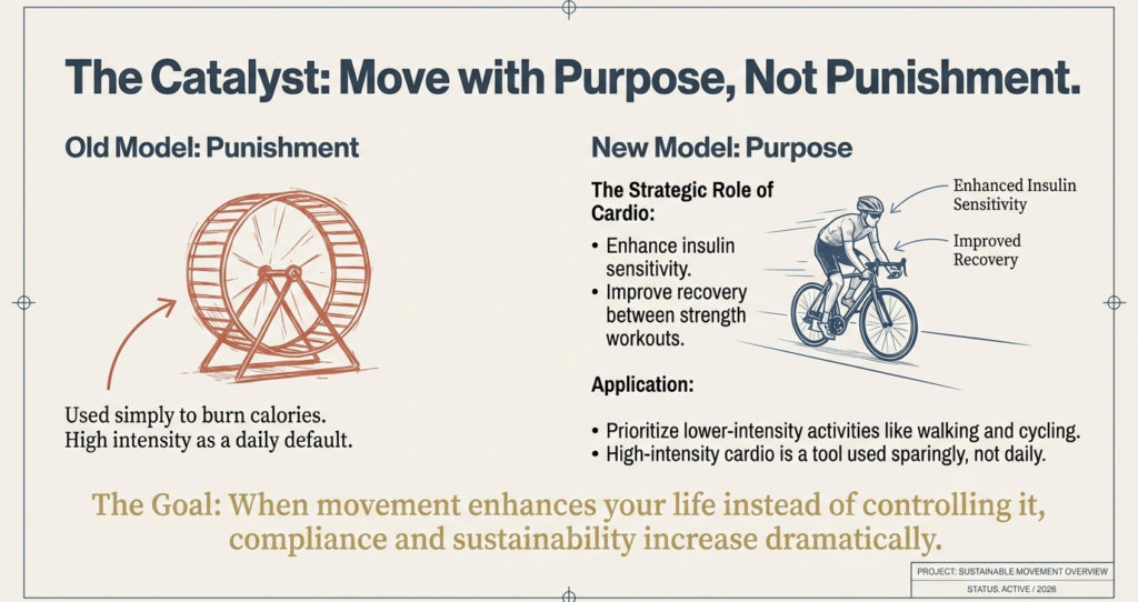 Comparison of punishment-based cardio versus purpose-driven movement highlighting recovery, insulin sensitivity, and sustainable activity choices.