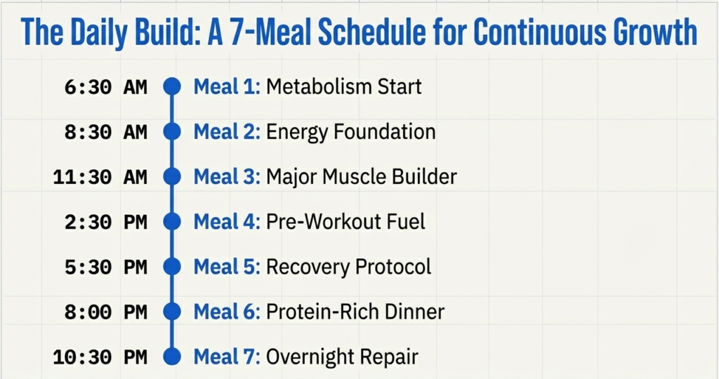 7-meal daily diet schedule showing meal timing for natural bodybuilding muscle growth