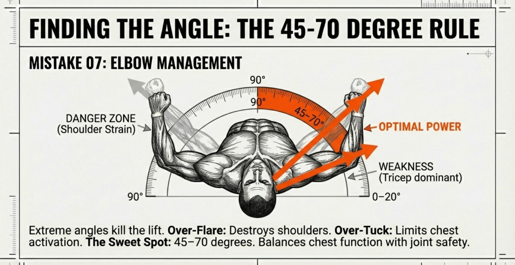 Bench press elbow angle diagram showing over-flaring, over-tucking, and the optimal 45–70 degree elbow position for power and joint safety.