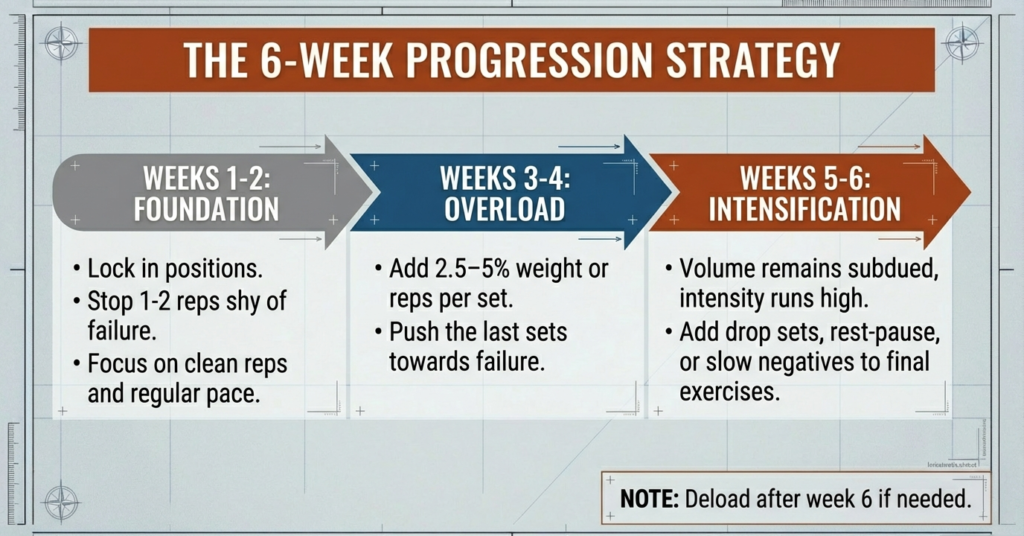 Six-week chest workout progression chart showing foundation, overload, and intensification phases with training guidelines.