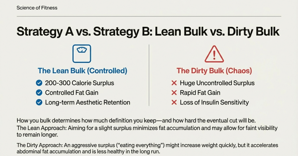 Comparison infographic showing lean bulk versus dirty bulk, highlighting calorie surplus, fat gain control, insulin sensitivity, and long-term physique outcomes