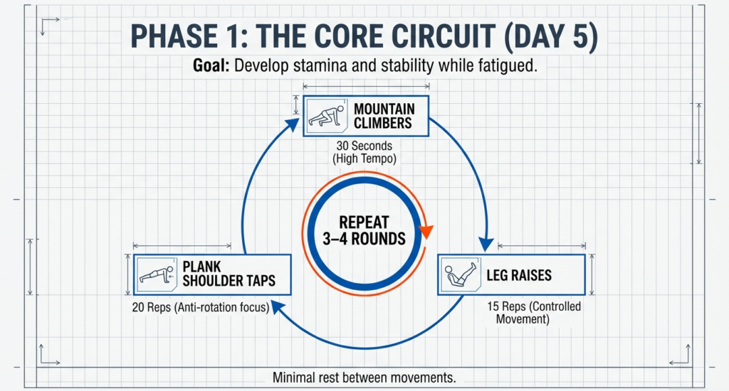 core circuit workout mountain climbers leg raises plank shoulder taps