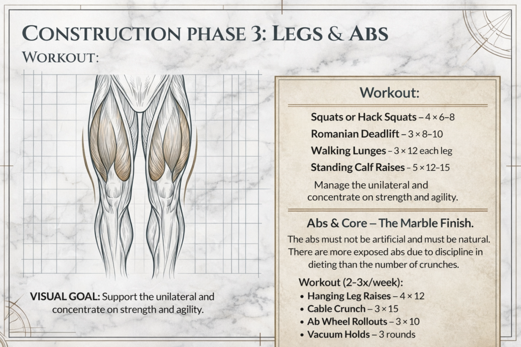 Greek God Physique legs and abs workout infographic showing squats, lunges, calf raises, and core exercises for athletic legs and natural, disciplined abs.