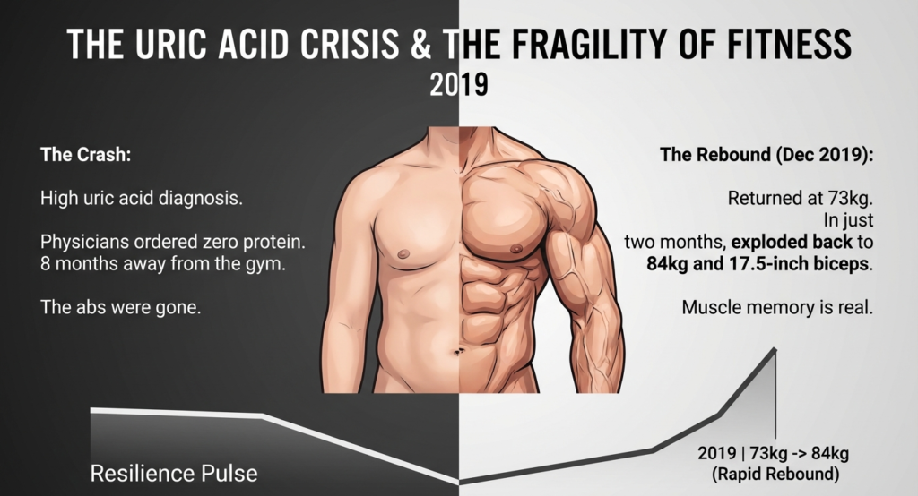 Split-body illustration showing loss of muscle and abs on one side and muscular rebound on the other, representing the 2019 uric acid setback and comeback.