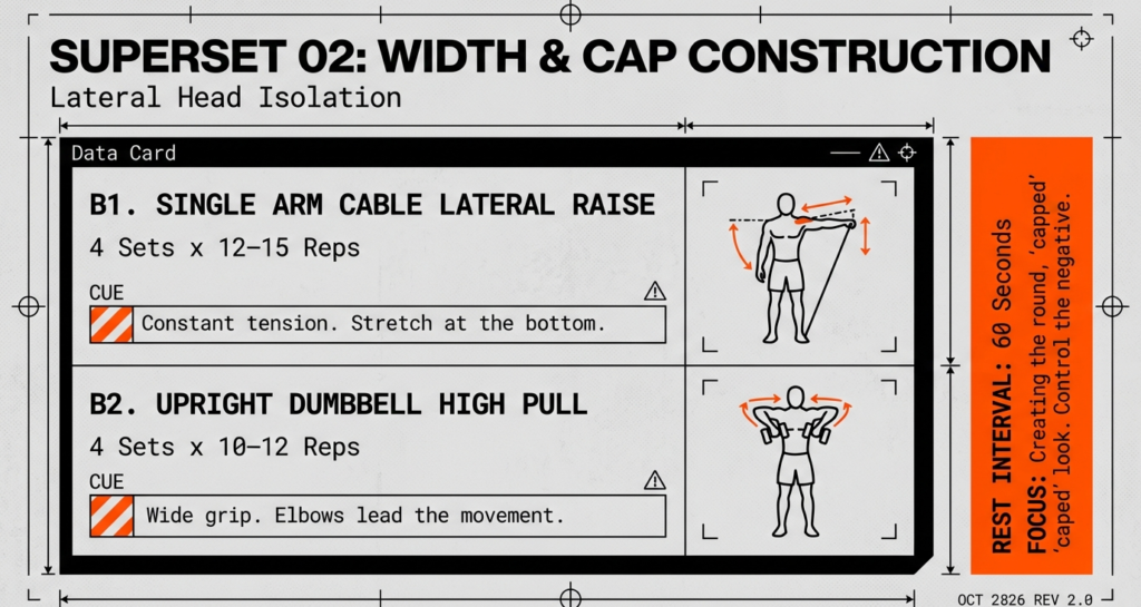 Lateral delt superset using single-arm cable lateral raises and upright dumbbell high pulls for shoulder width and capped delts