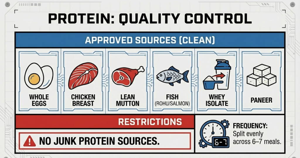 List of approved clean protein sources including eggs, chicken, fish, whey isolate, paneer, and lean meats for hypertrophy