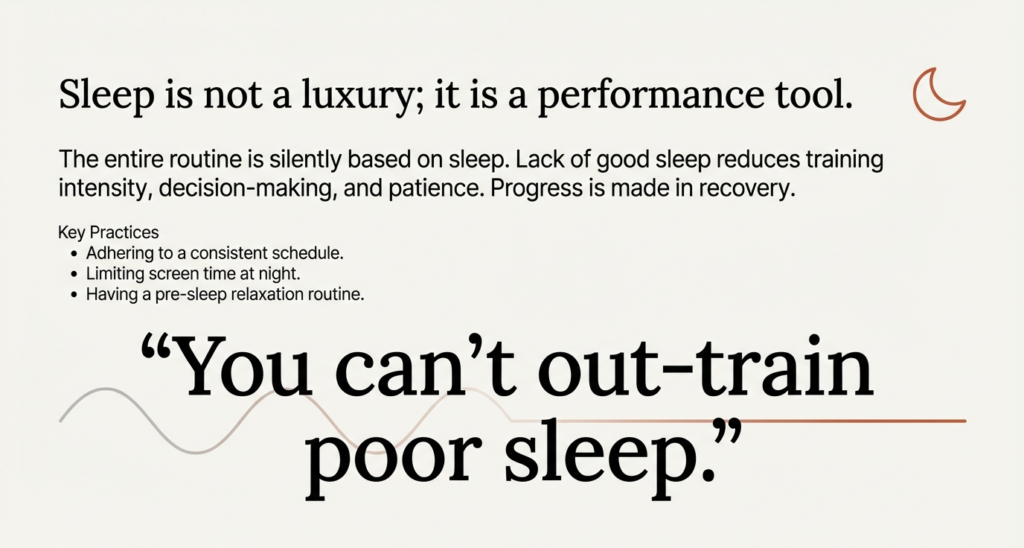 Minimalist graphic emphasizing the importance of sleep for recovery and performance, highlighting consistent sleep routines and the message that poor sleep cannot be out-trained.