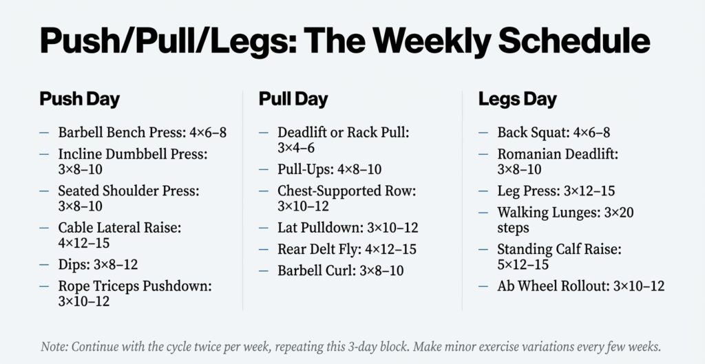 Push pull legs workout split showing push day, pull day, and leg day exercises with sets and repetitions