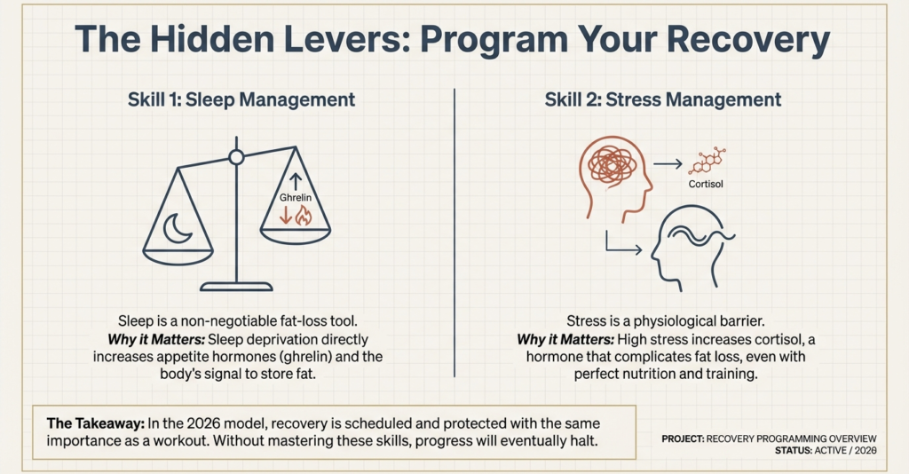 Diagram illustrating sleep and stress management as critical recovery skills influencing appetite hormones, cortisol levels, and fat loss outcomes.