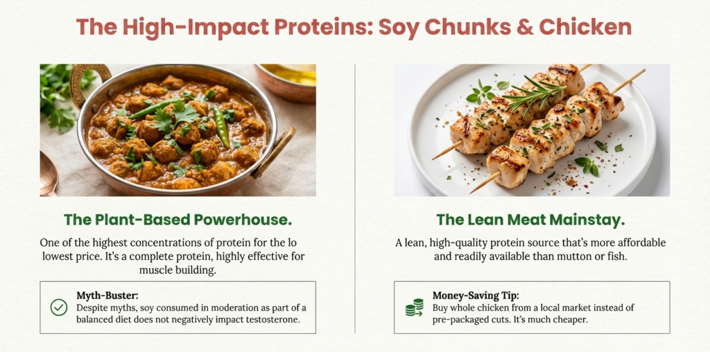 Soy chunk curry and grilled chicken as affordable high-protein Indian foods