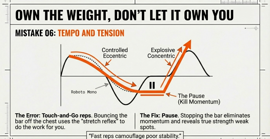 Bench press tempo diagram showing controlled eccentric, paused bottom position, and explosive concentric for improved strength and stability.
