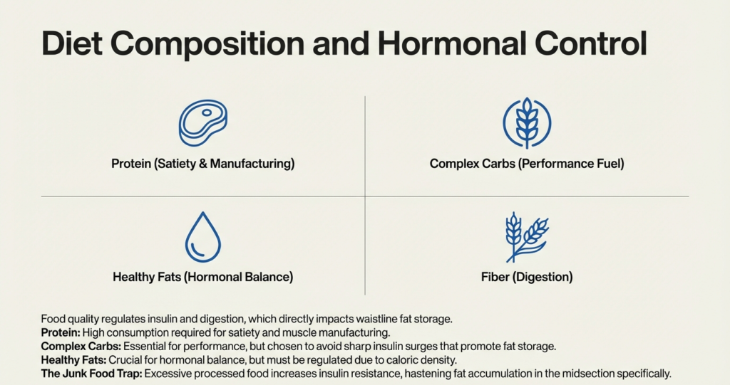 Infographic showing protein, complex carbohydrates, healthy fats, and fiber and their roles in insulin control and fat storage