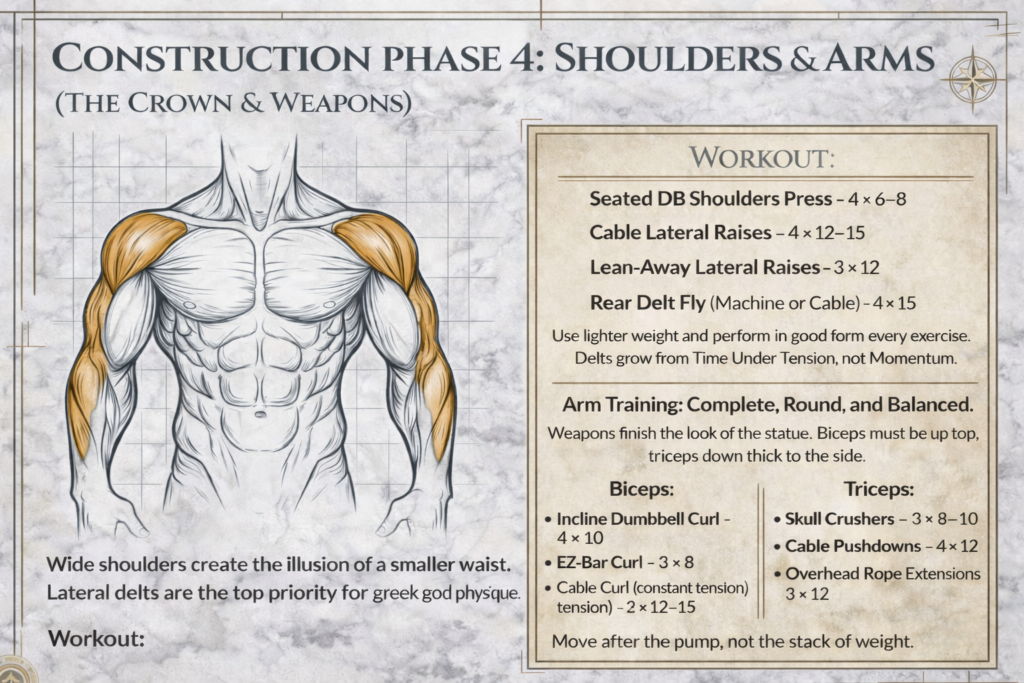 Greek God Physique shoulders and arms workout infographic highlighting lateral delts, rear delts, biceps, and triceps for wide shoulders and balanced arms.