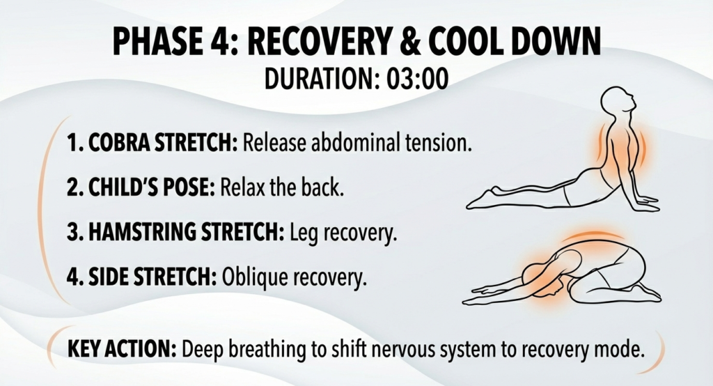 Recovery stretches including cobra pose and child’s pose after cardio and abs workout