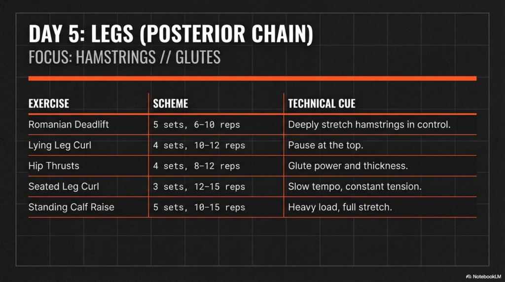 Day 5 posterior chain leg workout plan showing hamstring and glute exercises with sets, reps, and technical cues