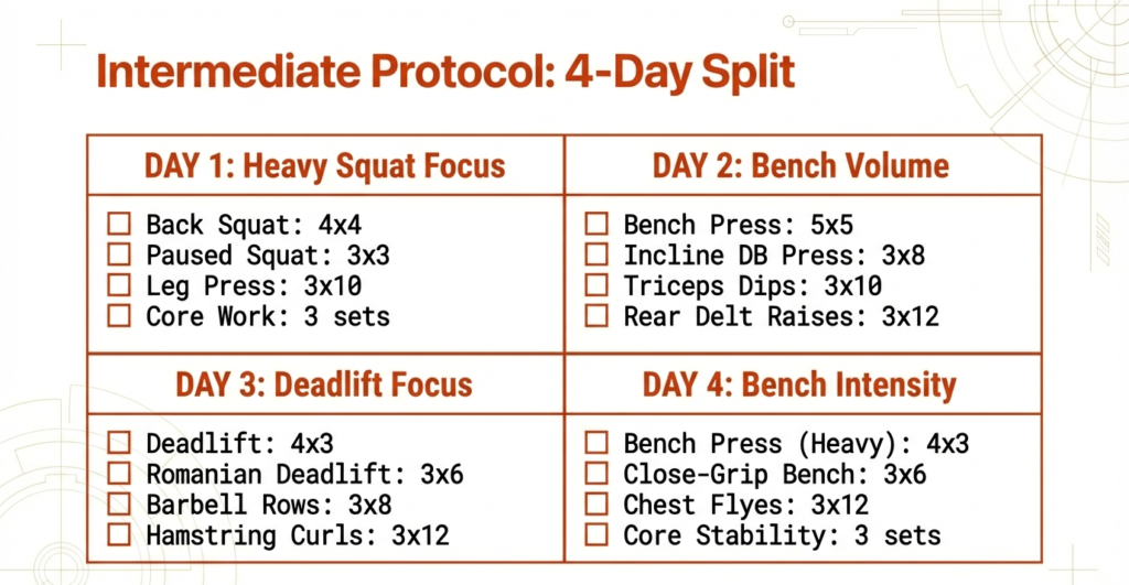 Four-day intermediate powerlifting split with heavy squat focus, bench volume, deadlift focus, and bench intensity sessions.