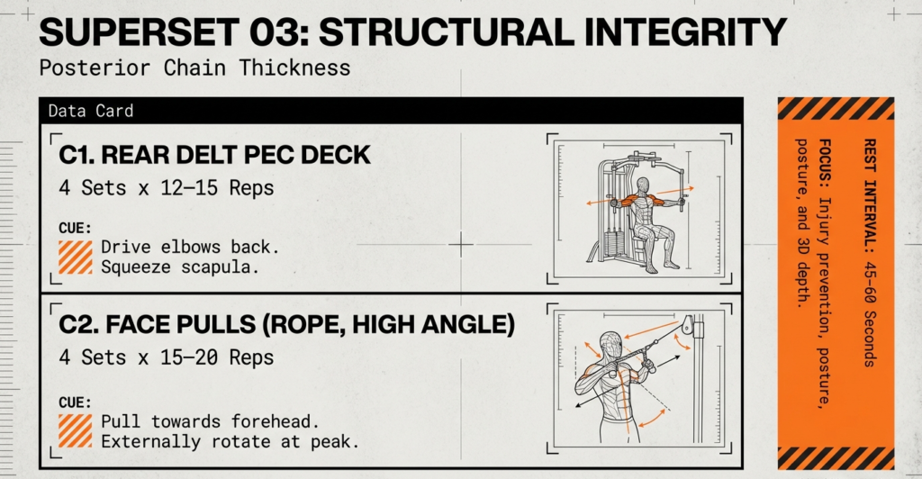 Posterior shoulder superset featuring rear delt pec deck and high-angle face pulls for shoulder stability and depth