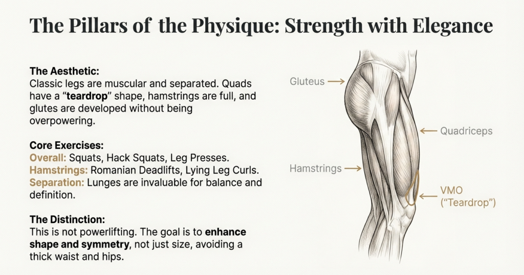 leg anatomy diagram showing quadriceps, hamstrings, glutes, and teardrop muscle