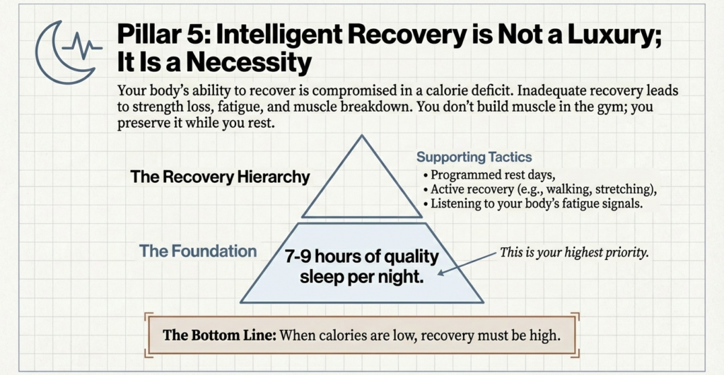 Recovery pyramid emphasizing sleep, rest days, and active recovery during cutting