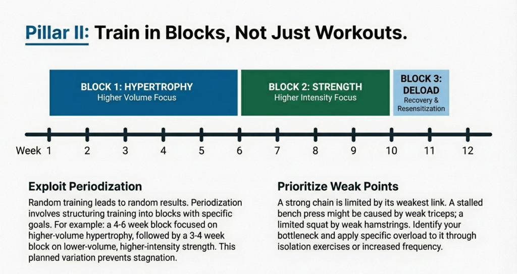 12-week training timeline showing hypertrophy block, strength block, and deload phase