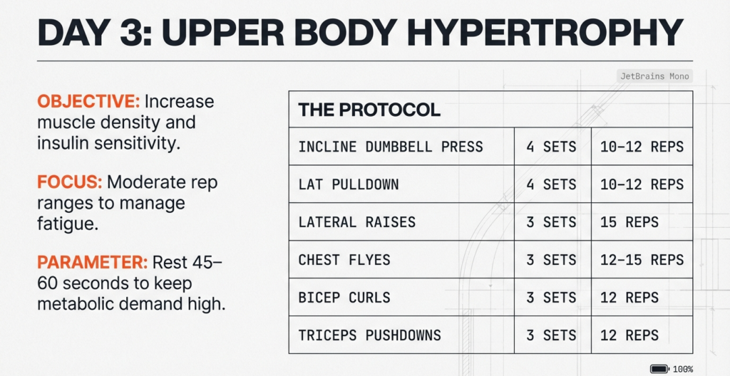 Upper body hypertrophy workout plan including incline dumbbell press, lat pulldown, lateral raises, chest flyes, biceps curls, and triceps pushdowns.