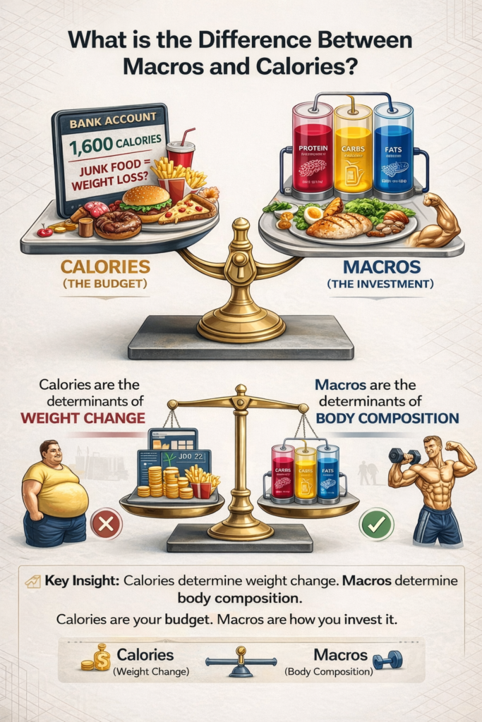 Infographic explaining the difference between calories and macros showing calories as weight change and macros as body composition