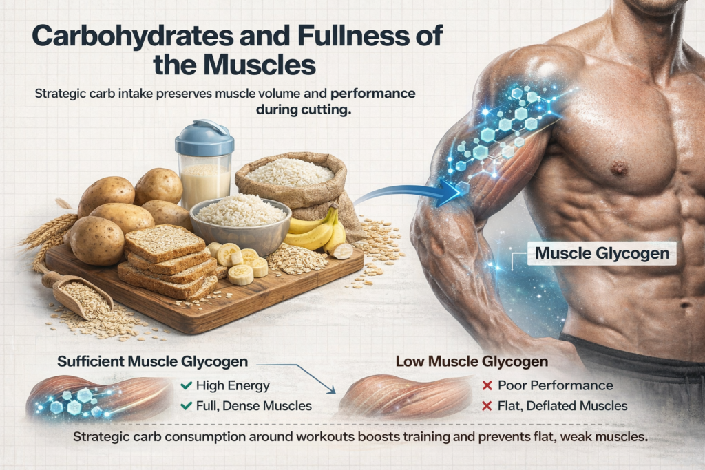 Illustration showing carbohydrate-rich foods restoring muscle glycogen to maintain muscle fullness, strength, and performance during a cutting phase