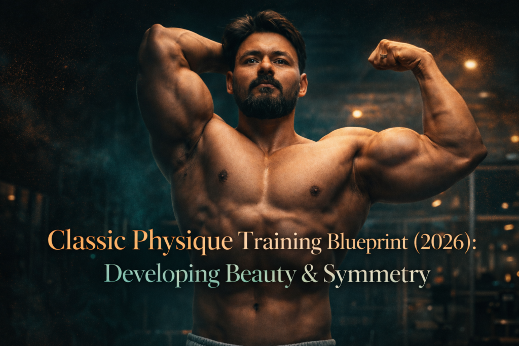 classic physique athlete posing in gym with enhanced muscular definition, cinematic teal and orange lighting, focus on symmetry