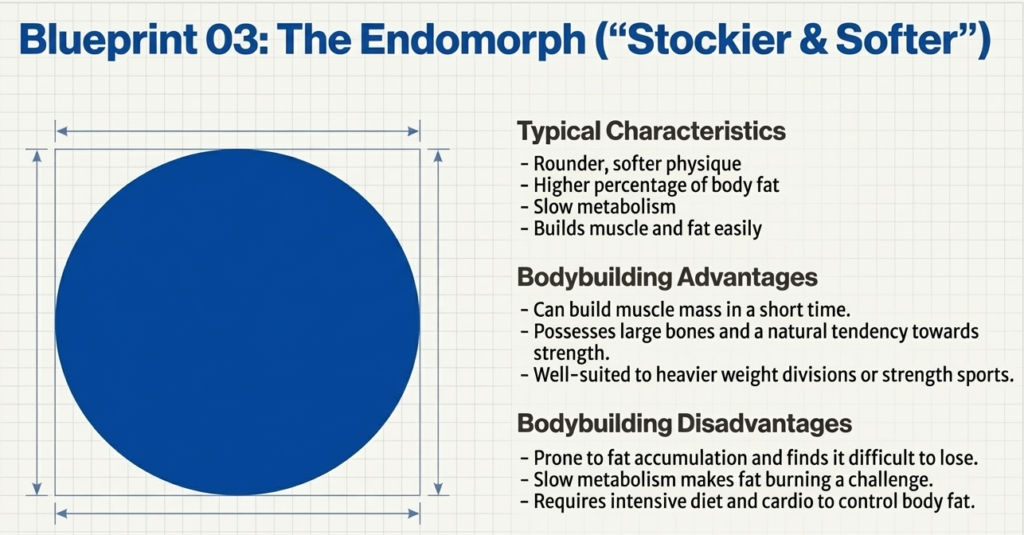 Endomorph circle symbol with details on physique characteristics and bodybuilding tips