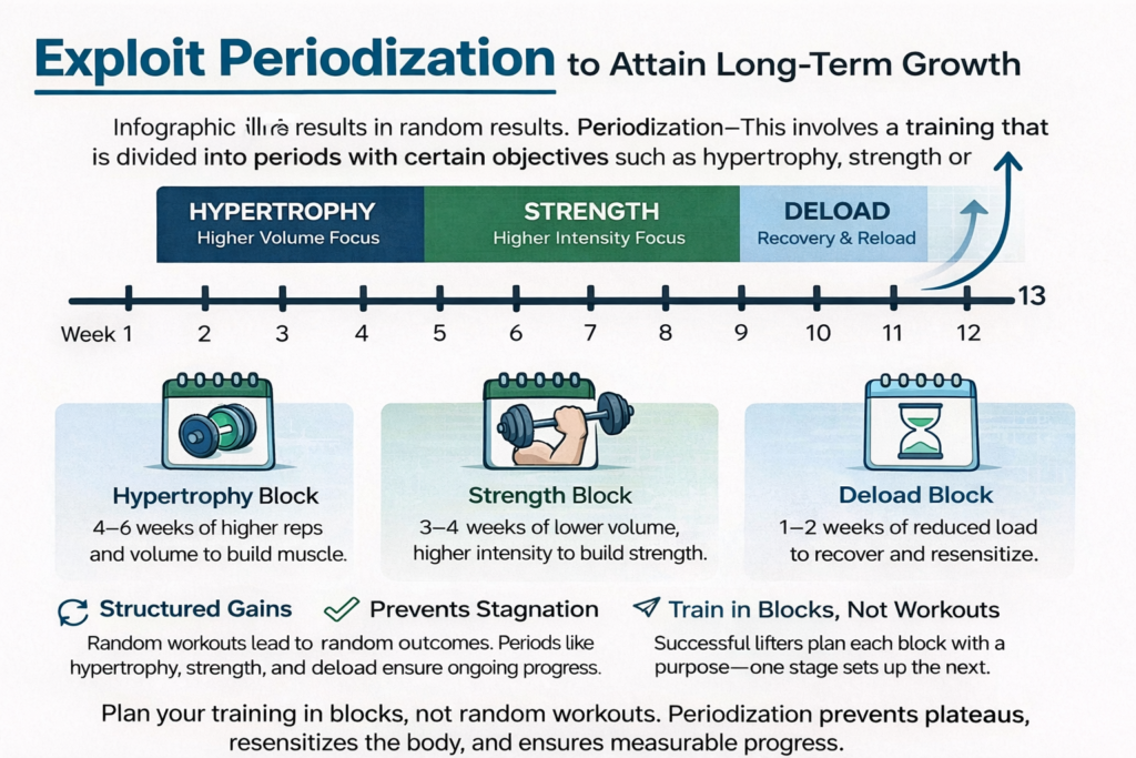 raining periodization infographic showing hypertrophy, strength, and deload blocks arranged across a multi-week timeline for long-term muscle and strength development