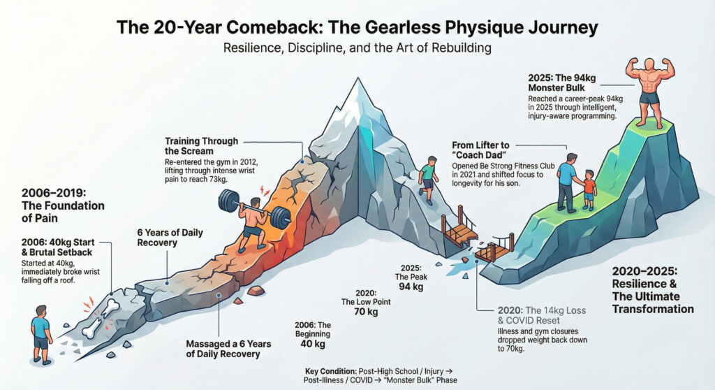 Infographic showing the 20-year Gearless Physique transformation journey from a 40 kg skinny beginner in 2006 through injuries, recovery, COVID setbacks, becoming a coach and father, and reaching a 94 kg monster bulk in 2025 through resilience and discipline.
